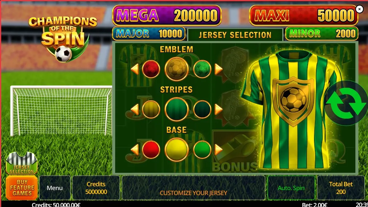 Captura de tela do jogo de slot Champion of The Spin, mostrando um campo de futebol iluminado e símbolos temáticos.
