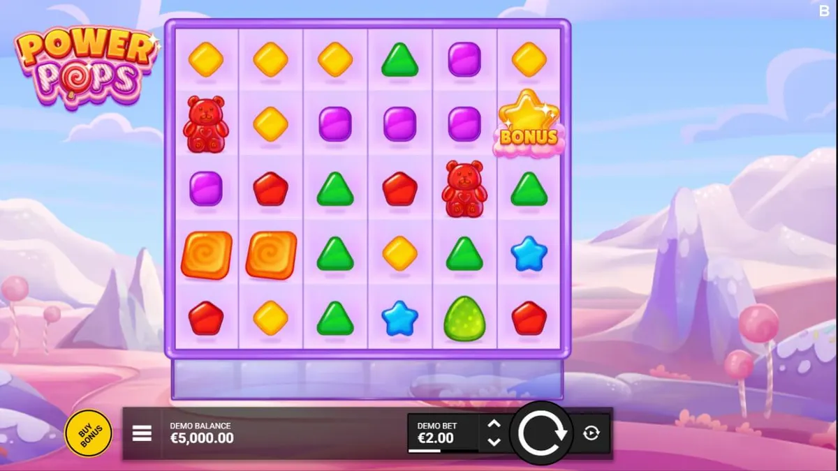 Interface colorida e vibrante do slot Power Pops com doces e pirulitos